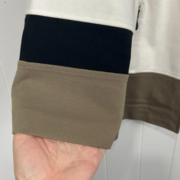 Chico”s Womens Open Front Jacket 2 (L) Cream Tan Black Color Block Ponte Elegant - Picture 5 of 11